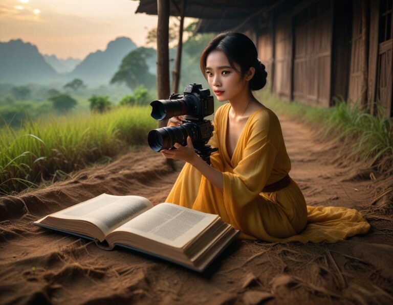 นักเขียนสร้าง Prompt AI บนแล็ปท็อป หน้าจอขึ้น Thai title คำประกายลอยเป็นภาพ AI บนโต๊ะ พร้อมกาแฟ สมุด