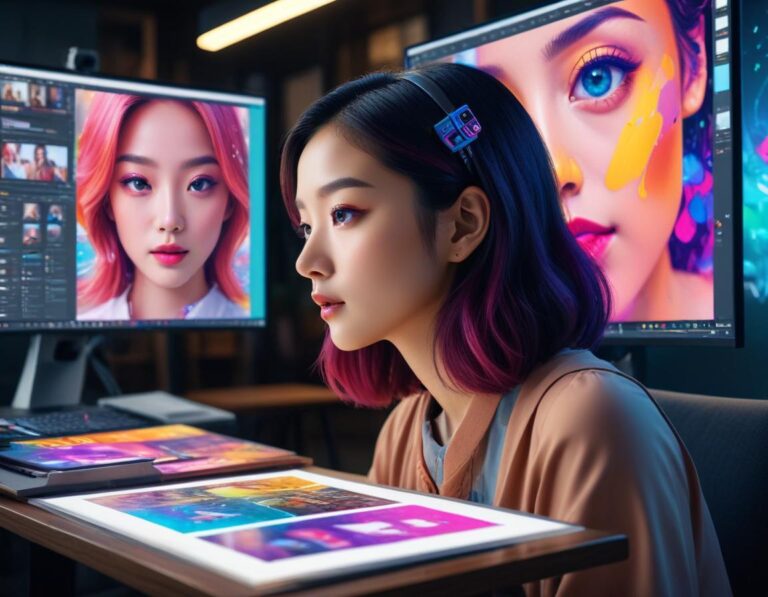 สตูดิโอออกแบบร่วมกับ AI บน โต๊ะกระจก แสดง ต้นฉบับ ซ้าย และ เวอร์ชัน AI ขยาย ขวา