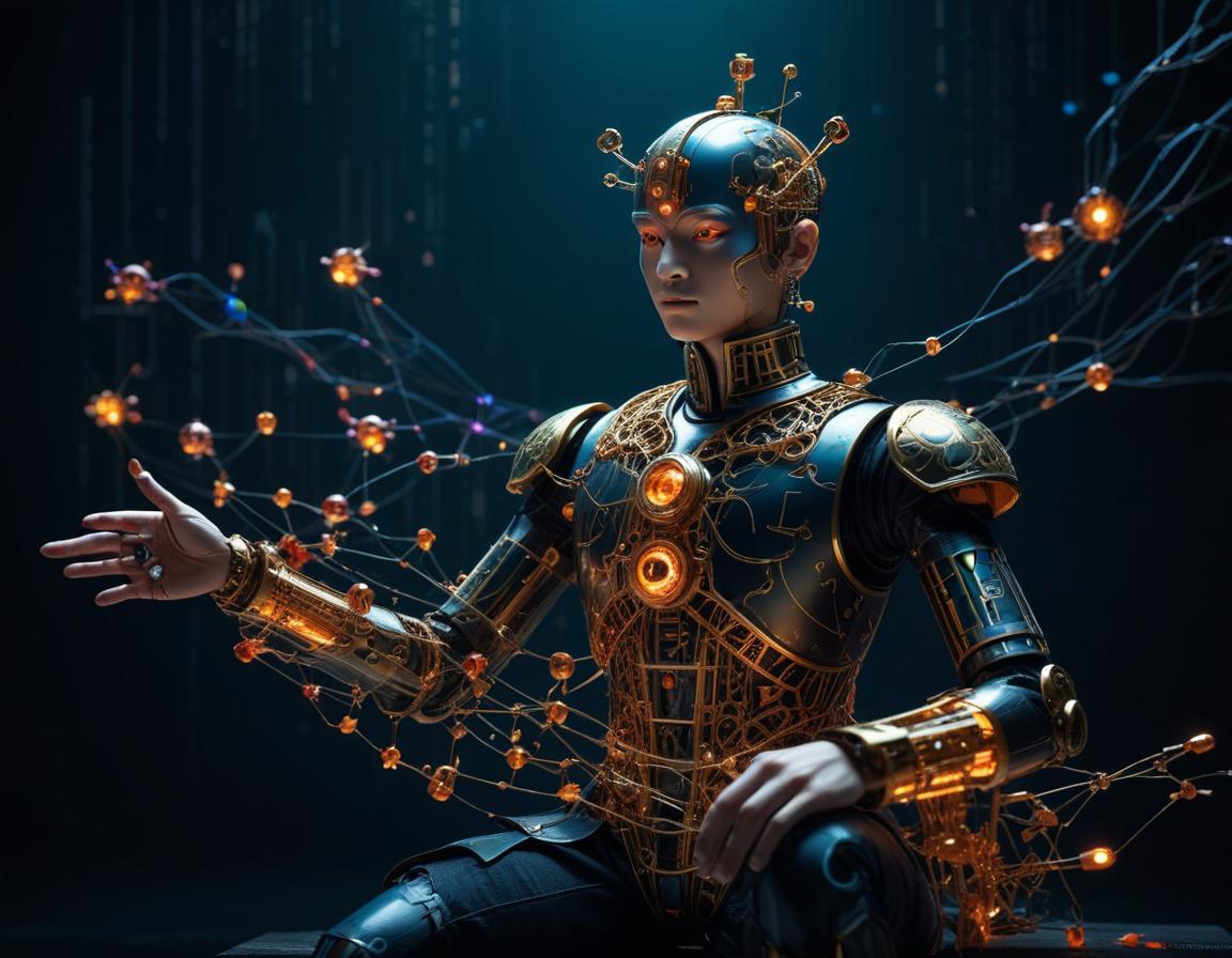 หุ่นยนต์ นักเขียนโปรแกรม ใน ห้องแล็บล้ำยุค กำลัง พิมพ์ บน หน้าจอใส ฮอลโลกราฟิก แสดง ออโตมาตา ไดอะแกรม และ เทปทัวริง