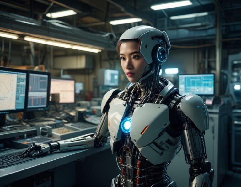 ห้อง ฝึกอบรม ทันสมัย มี หุ่นยนต์ ผู้ สอน แสดง เวิร์กโฟลโล่ อัตโนมัติ บน โฮโลกราฟิก และ แดชบอร์ด เรียลไทม์