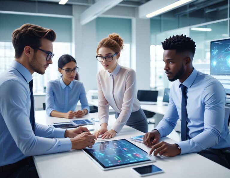 ผู้บริหาร ยืน ที่ โต๊ะกระจก หุ่นยนต์ มอบ รายงาน ดิจิทัล แผงควบคุม แสดง ROI และ ออโตเมชัน