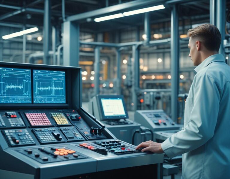 ภาพถ่าย เสมือนจริง ของ ควบคุม อัตโนมัติ ใน โรงงาน ไฮเทค วิศวกร ตรวจสอบ แท็บเล็ต แขน หุ่นยนต์ ประกอบ ชิ้นส่วน