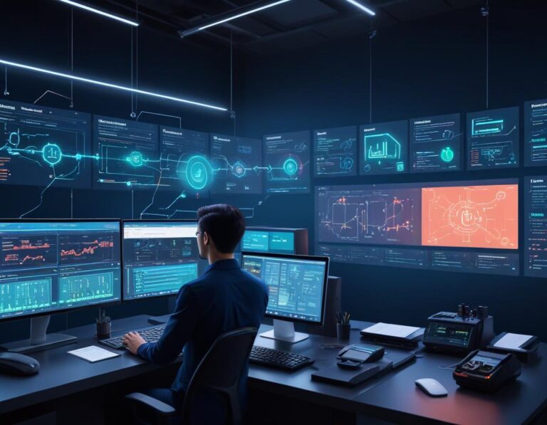 นักพัฒนาซอฟต์แวร์ใน coworking สว่าง หน้าจอสัมผัสโปร่งใส แสดงโหนด Email Slack Google Sheets Webhook CRM Database