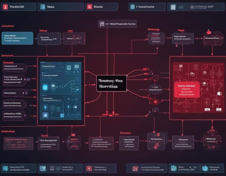 โต๊ะ ทำงาน สตูดิโอ ล้ำสมัย แผง โฮโลกราฟ ลอย ตัว สีส้ม และ สีฟ้า แสดง n8n กับ Node-RED
