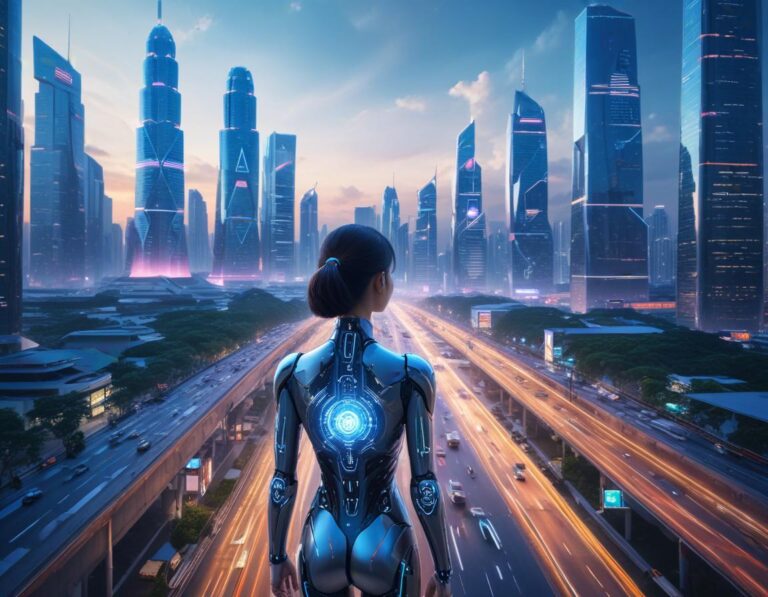 คน สวม แว่น AR โต้ตอบ กับ ผู้ช่วย AI โฮโลกราฟิก ลอยเหนือ โต๊ะ ครัว ตู้เย็น สมาร์ท