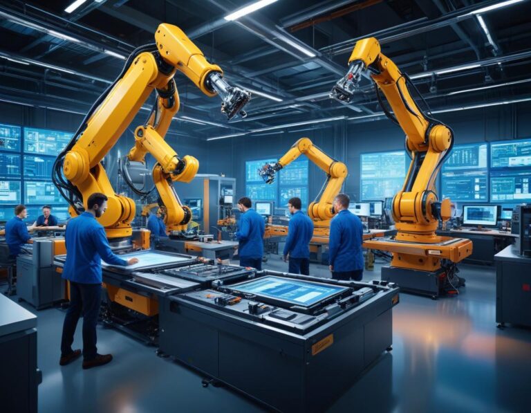 ห้องแล็บหุ่นยนต์ล้ำสมัย แสดง แนวคิด ต้นแบบ ออกแบบ จำลอง และ ประกอบ ลำตัวหุ่นยนต์ บน โต๊ะงาน พร้อม เครื่องมือ