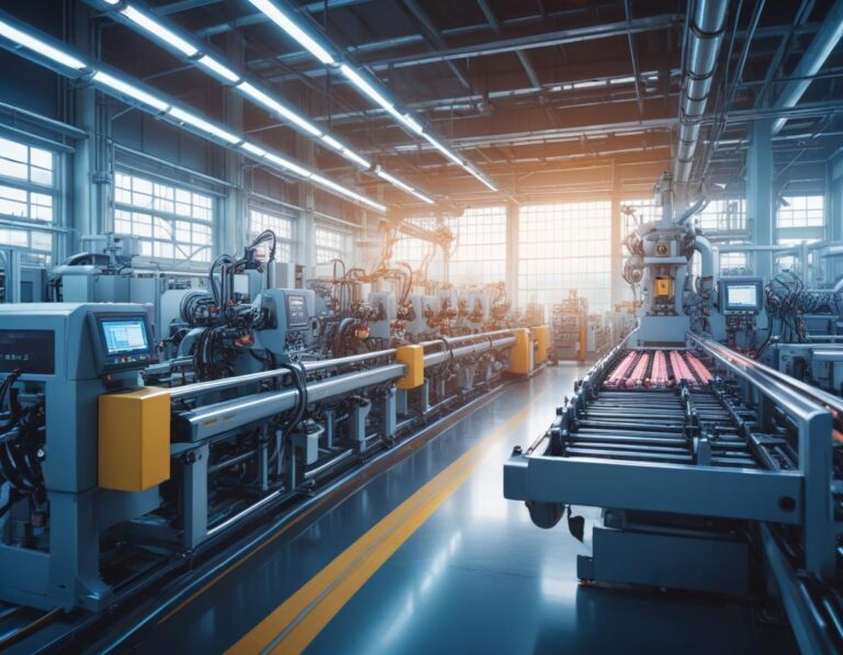 โรงงานอุตสาหกรรมทันสมัย พร้อมอัตโนมัติ แขนกลบนสายพาน หุ่นยนต์โมบิล โฮโลแกรม AI แสดง OEE และเวลารอบการผลิต พลังงาน สีเขียวฟ้า แสงสะท้อนบนพื้นสแตนเลส