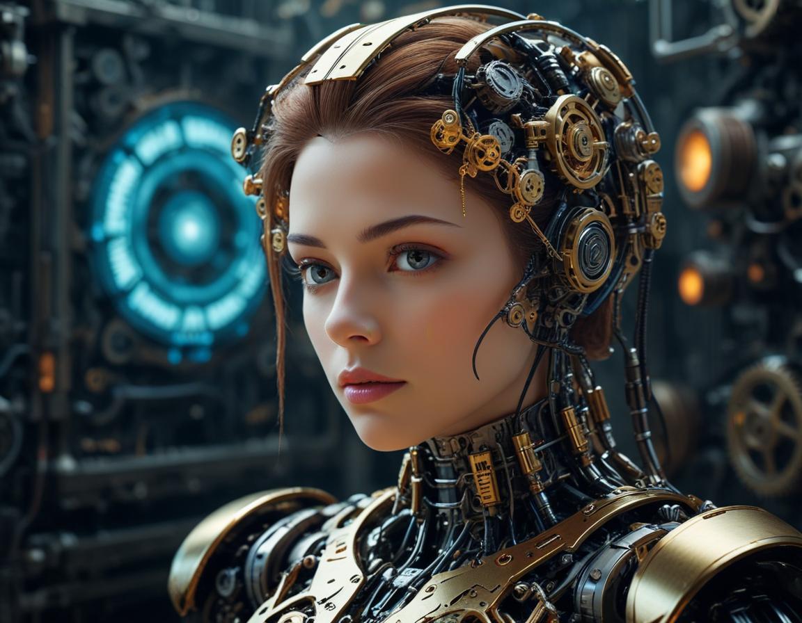 หุ่นยนต์ ฮิวมานอยด์ โครม ใน แล็บ อนาคต อก เปิดเผย วงจร เฟือง โฮโลกราฟ ออโตมาตอน บน หน้าจอ