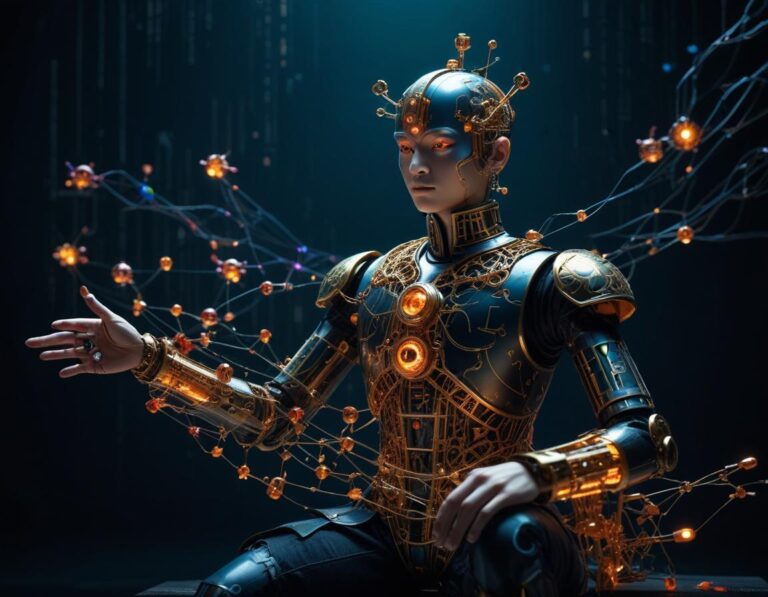 หุ่นยนต์ นักเขียนโปรแกรม ใน ห้องแล็บล้ำยุค กำลัง พิมพ์ บน หน้าจอใส ฮอลโลกราฟิก แสดง ออโตมาตา ไดอะแกรม และ เทปทัวริง