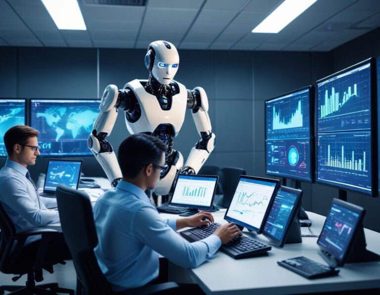 หุ่นยนต์ร่วมมือ ทำงานกับ นักวิเคราะห์ บน หน้าจอ สัมผัส แสดง KPI ใน ศูนย์ ปฏิบัติการ อุตสาหกรรม