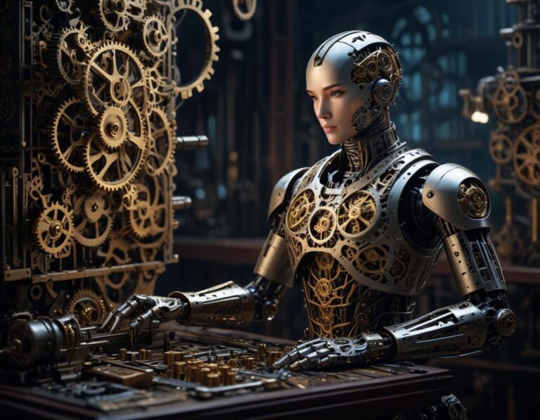 หุ่นยนต์ ทองเหลือง เหล็ก ขนาดจริง ทำ งาน บน โต๊ะ ไม้ มือ เผย วงจร หน้ากาก ใส