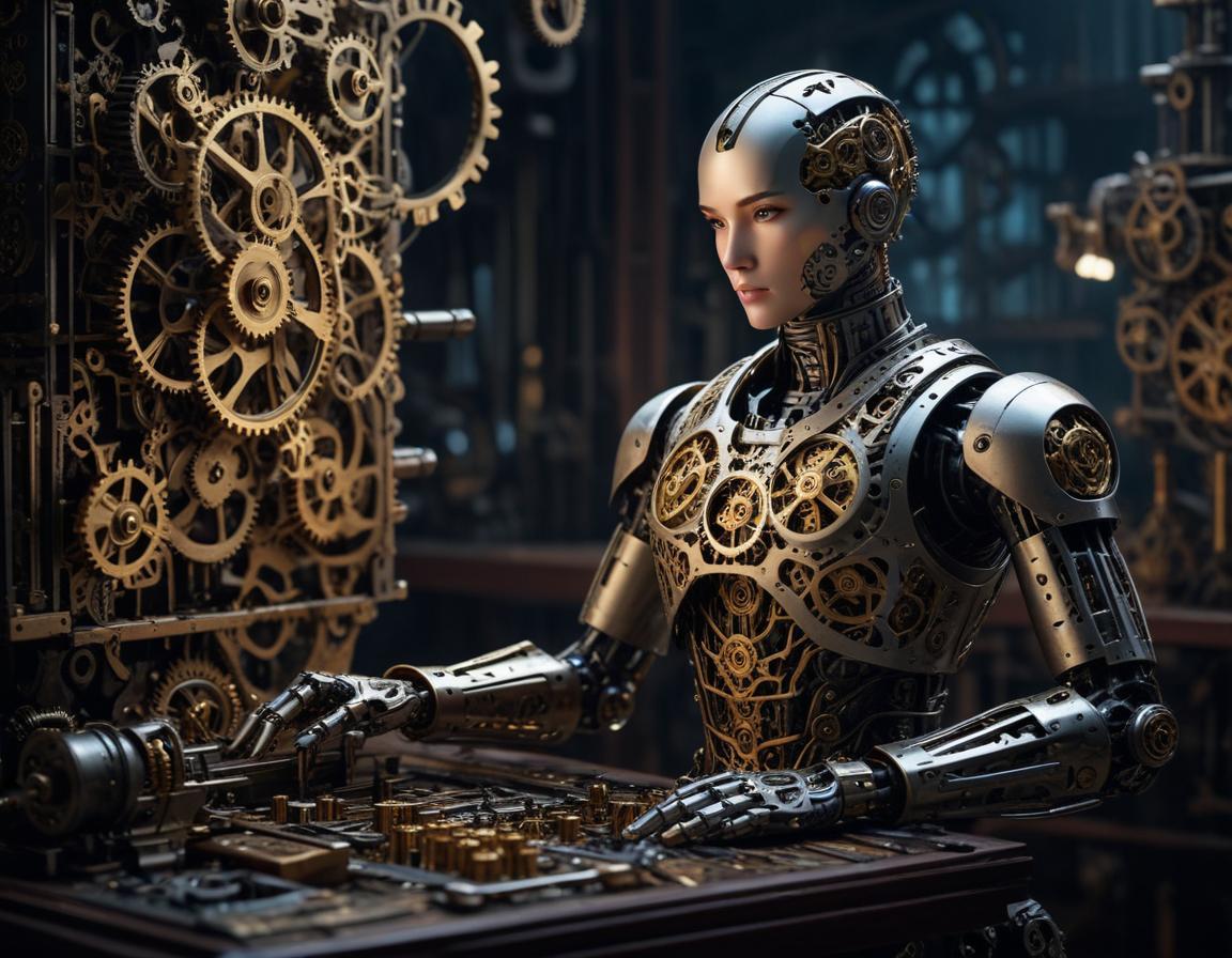 หุ่นยนต์ ทองเหลือง เหล็ก ขนาดจริง ทำ งาน บน โต๊ะ ไม้ มือ เผย วงจร หน้ากาก ใส