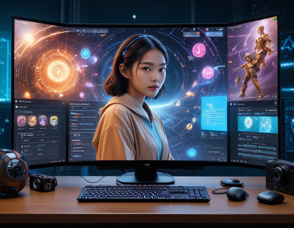 สตูดิโอ AI ล้ำยุค มีจอภาพโฮโลกราฟิกสามจอ Midjourney Stable Diffusion DALL-E; นักวิจัยในชุดเทคแวร์สำรวจห้องกระจกด้วยแสงฟ้า-ชมพู อย่างละเอียด